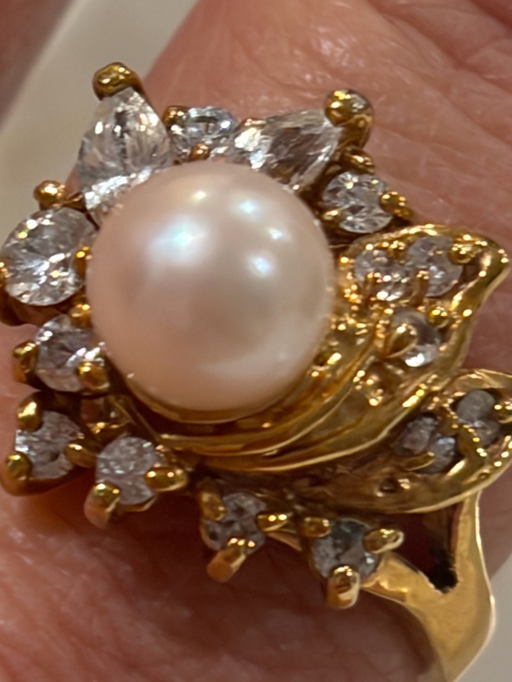 Vintage 14K GP Pearl & Marquise Starburst Statement Cocktail Ring SZ 8.25